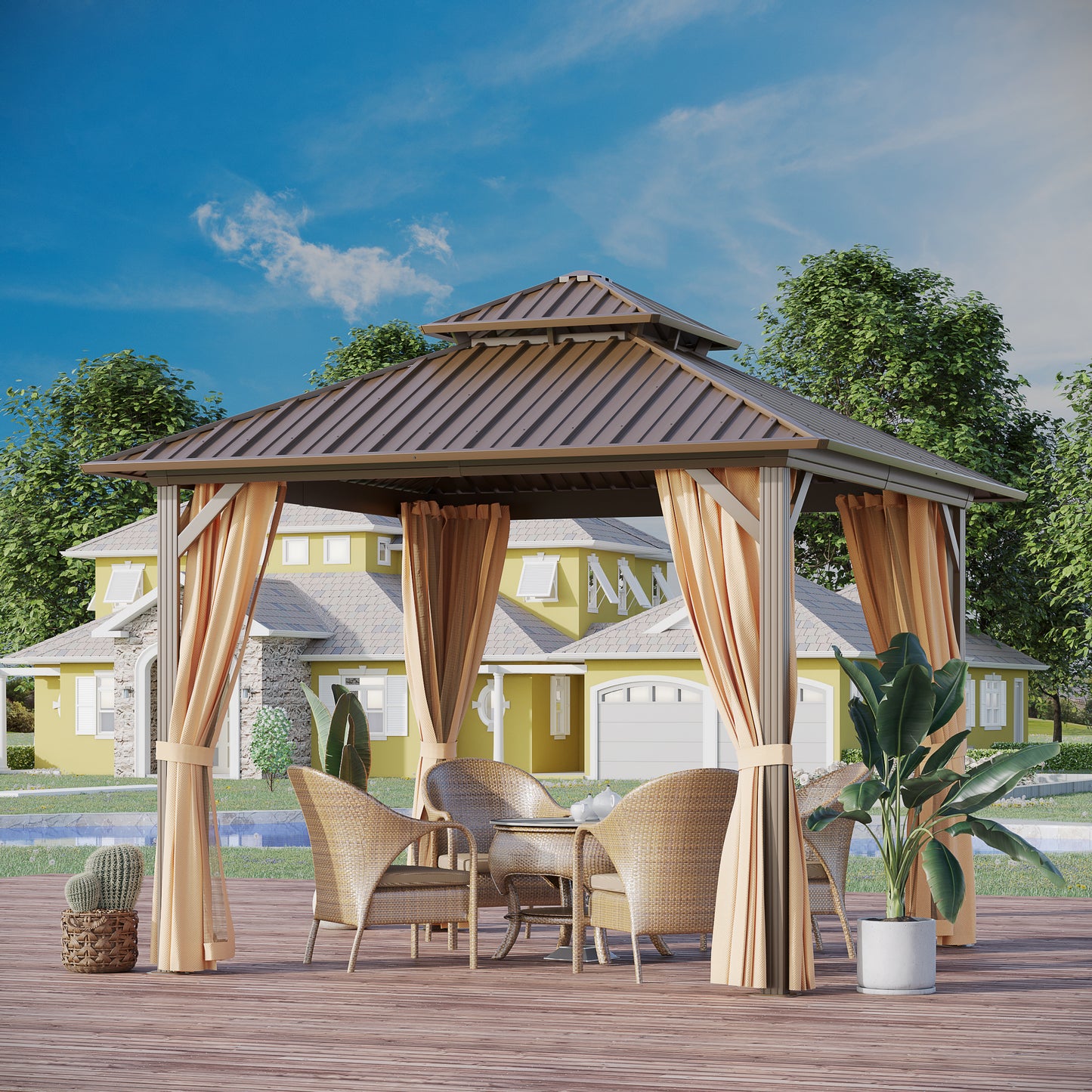 GAZEBEST 10x10 ft Hardtop Gazebo Outdoor Aluminum Patio Gazebo Double Roof Galvanized Steel Gazebo Canopy with Netting and Curtains,for Garden Patio,Patio Backyard,Deck and Lawns