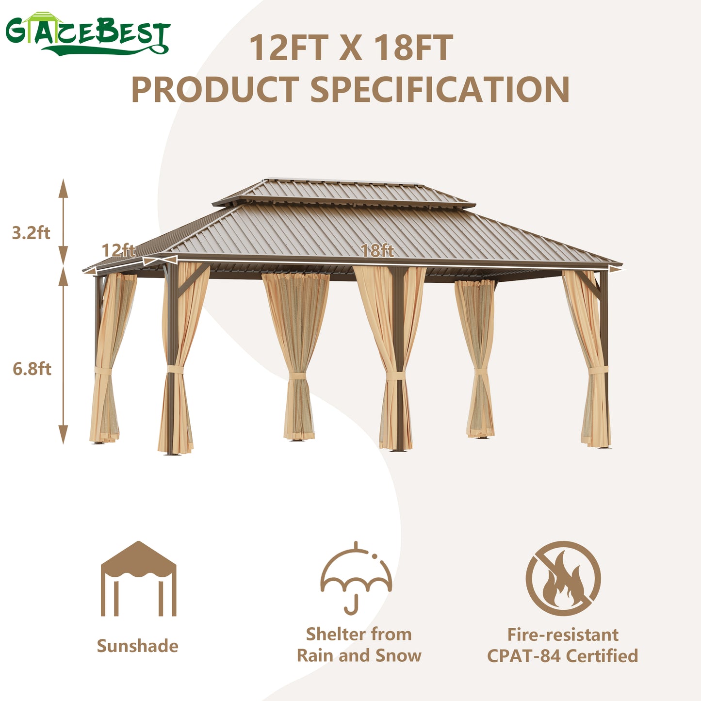 GAZEBEST 12x18 ft Hardtop Gazebo Outdoor Aluminum Patio Gazebo Double Roof Galvanized Steel Gazebo Canopy with Netting and Curtains,for Garden Patio,Patio Backyard,Deck and Lawns