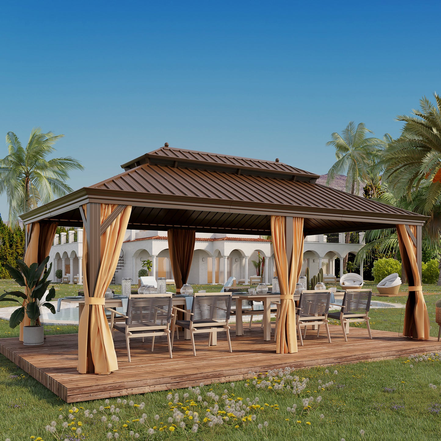GAZEBEST 12'x20' Hardtop Gazebo Outdoor Aluminum Patio Gazebo Double Roof Galvanized Steel Gazebo Canopy with Netting and Curtains,for Garden Patio,Patio Backyard,Deck and Lawns