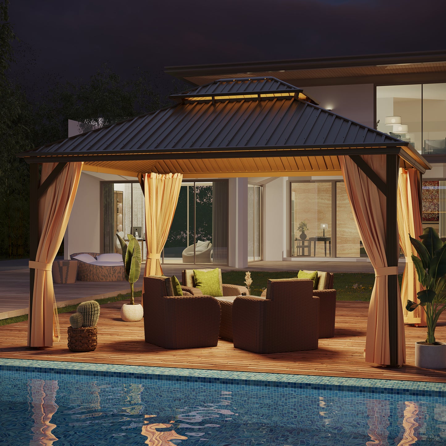 GAZEBEST 12x14 ft Hardtop Gazebo Outdoor Aluminum Patio Gazebo Double Roof Galvanized Steel Gazebo Canopy with Netting and Curtains,for Garden Patio,Patio Backyard,Deck and Lawns