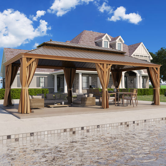 GAZEBEST 12' X 24' Permanent Hardtop Gazebo, Outdoor Galvanized Steel Double Roof Pavilion Pergola Canopy Wood-Looking with Aluminum Frame and Privacy Curtains for Garden,Patio