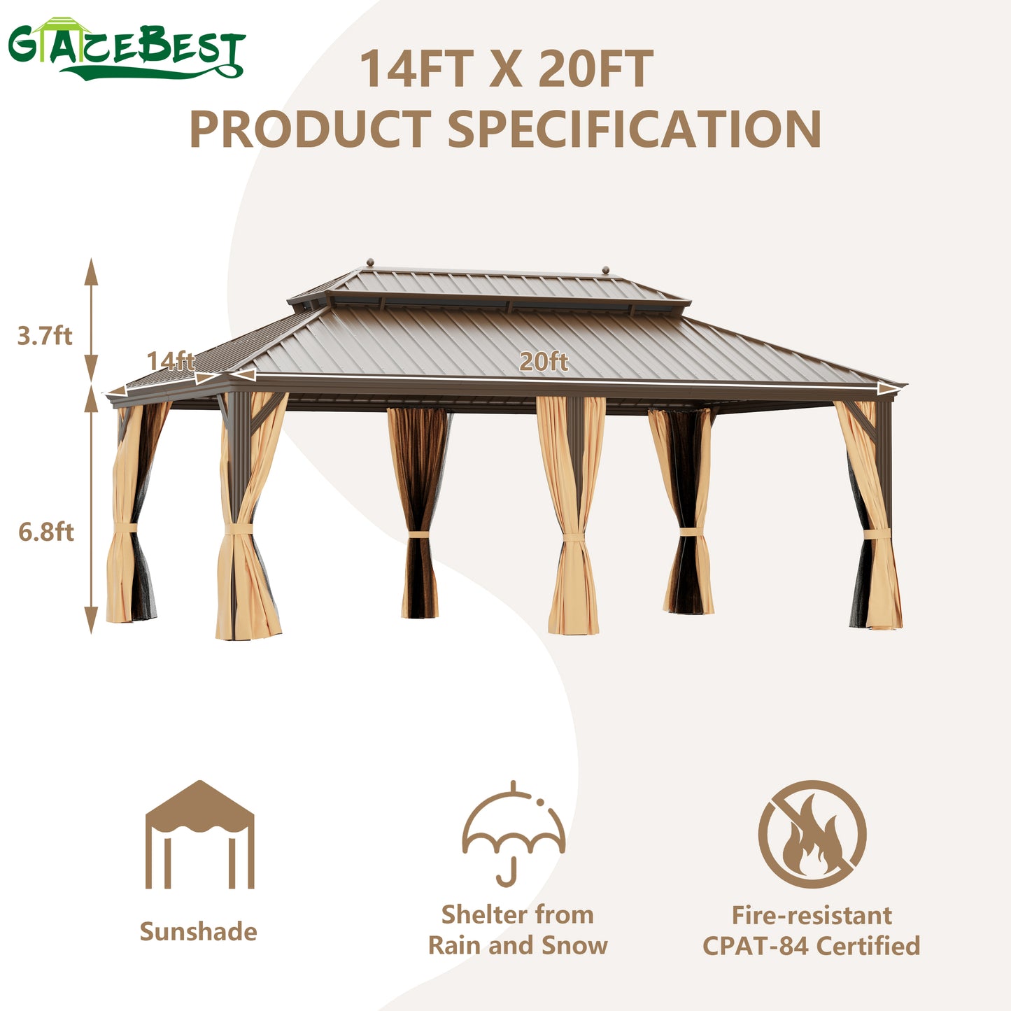 GAZEBEST 14' X 20' Permanent Hardtop Gazebo, Outdoor Galvanized Steel Double Roof Pavilion Pergola Canopy with Aluminum Frame and Privacy Curtains for Patio, Garden, Backyard, Lawn