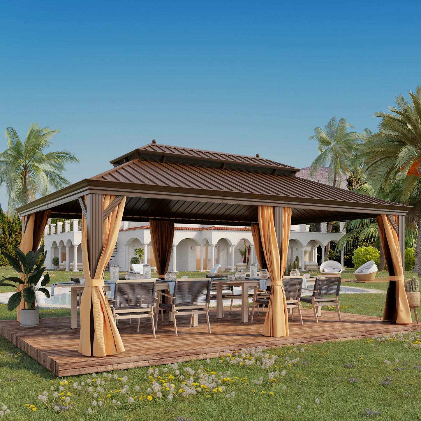 GAZEBEST 14' X 20' Permanent Hardtop Gazebo, Outdoor Galvanized Steel Double Roof Pavilion Pergola Canopy with Aluminum Frame and Privacy Curtains for Patio, Garden, Backyard, Lawn