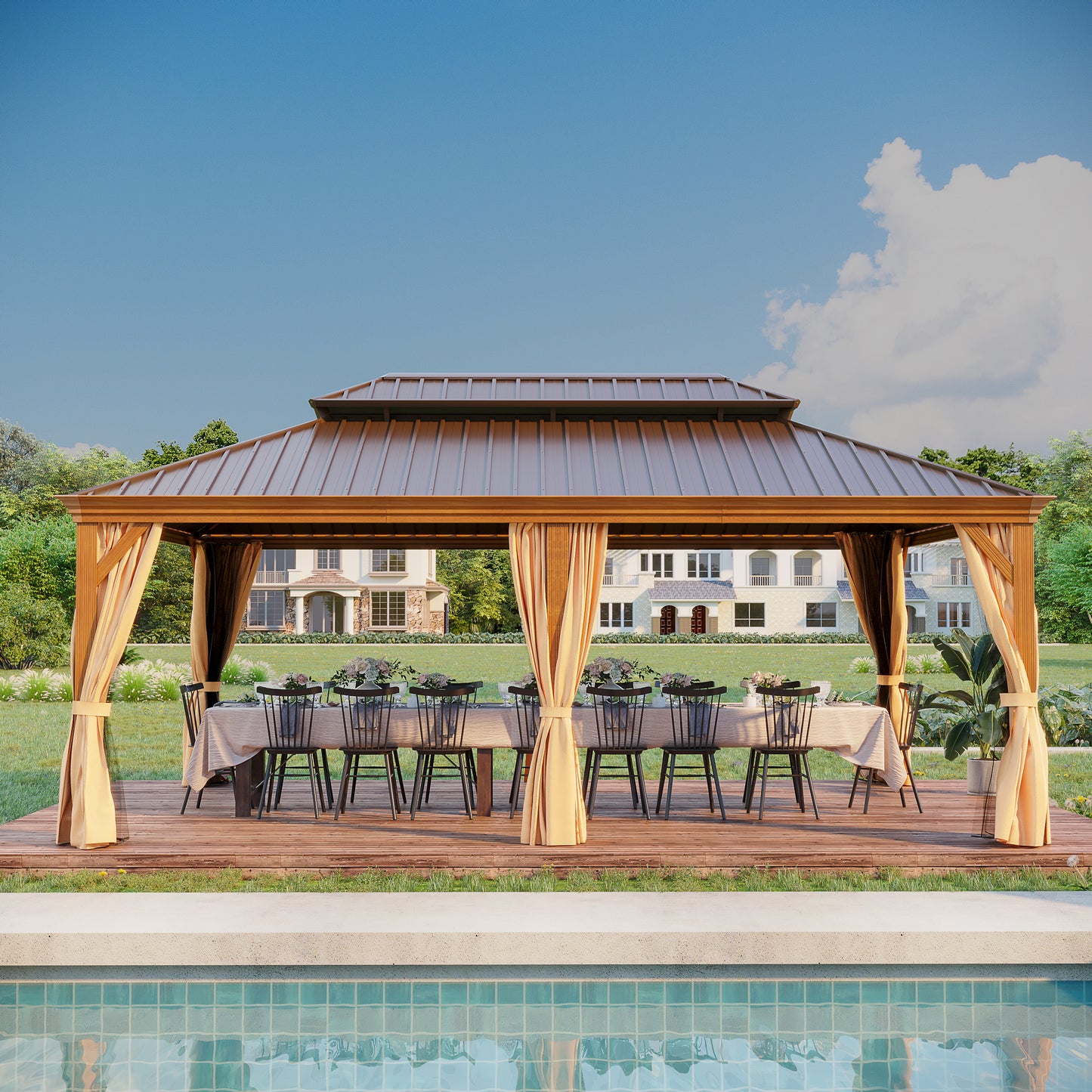 GAZEBEST 14' X 20' Permanent Hardtop Gazebo, Outdoor Galvanized Steel Double Roof Pavilion Canopy with Wood-Grain Coated Aluminum Frame and Privacy Curtains for Patio, Garden, Backyard, Lawn