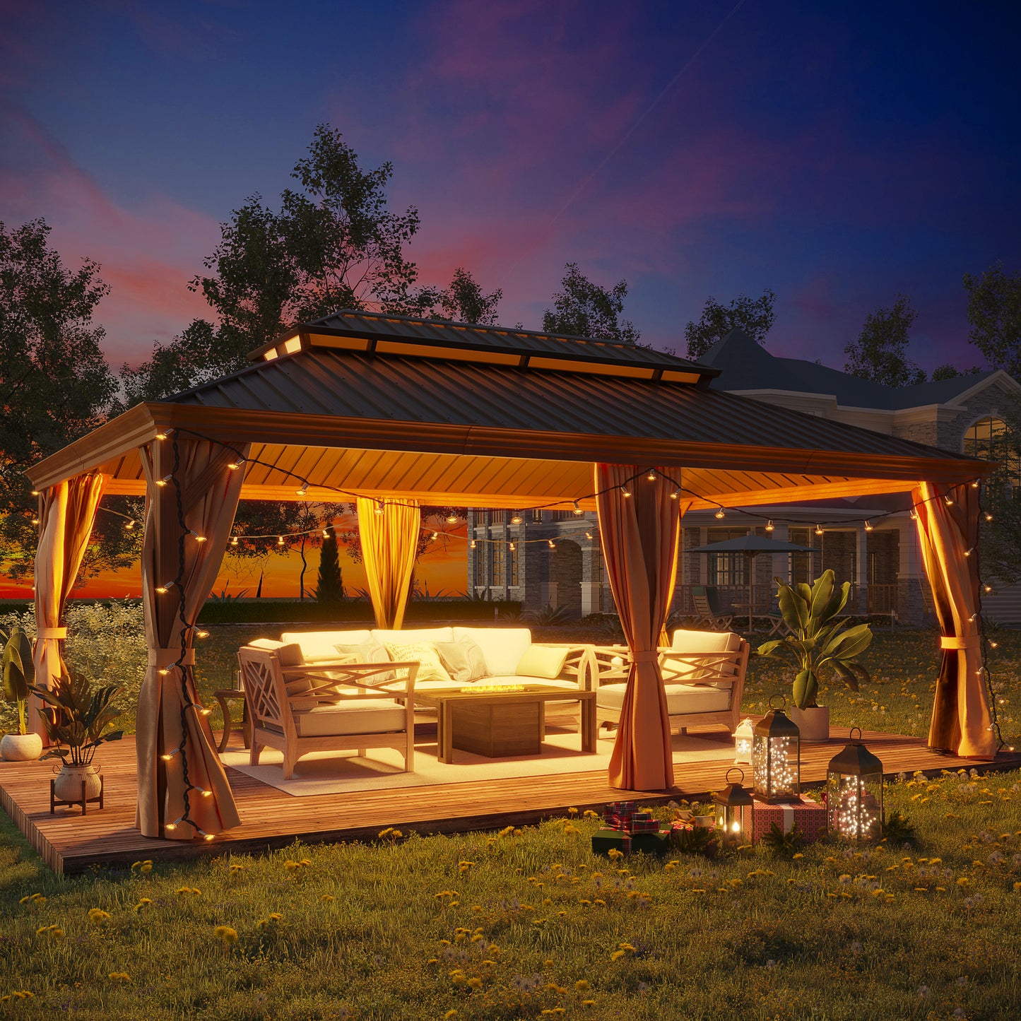 GAZEBEST 14' X 20' Permanent Hardtop Gazebo, Outdoor Galvanized Steel Double Roof Pavilion Canopy with Wood-Grain Coated Aluminum Frame and Privacy Curtains for Patio, Garden, Backyard, Lawn