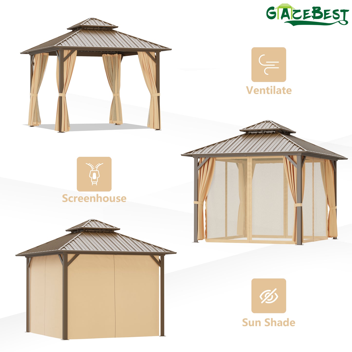 GAZEBEST 10x10 ft Hardtop Gazebo Outdoor Aluminum Patio Gazebo Double Roof Galvanized Steel Gazebo Canopy with Netting and Curtains,for Garden Patio,Patio Backyard,Deck and Lawns