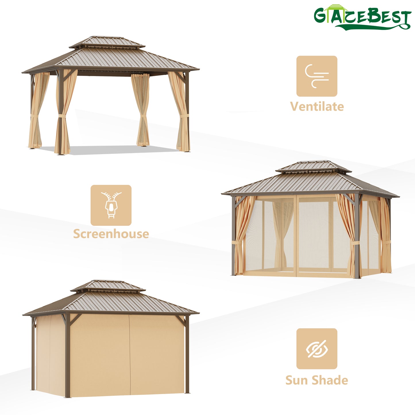 GAZEBEST 10x12 ft Hardtop Gazebo Outdoor Aluminum Patio Gazebo Double Roof Galvanized Steel Gazebo Canopy with Netting and Curtains,for Garden Patio,Patio Backyard,Deck and Lawns