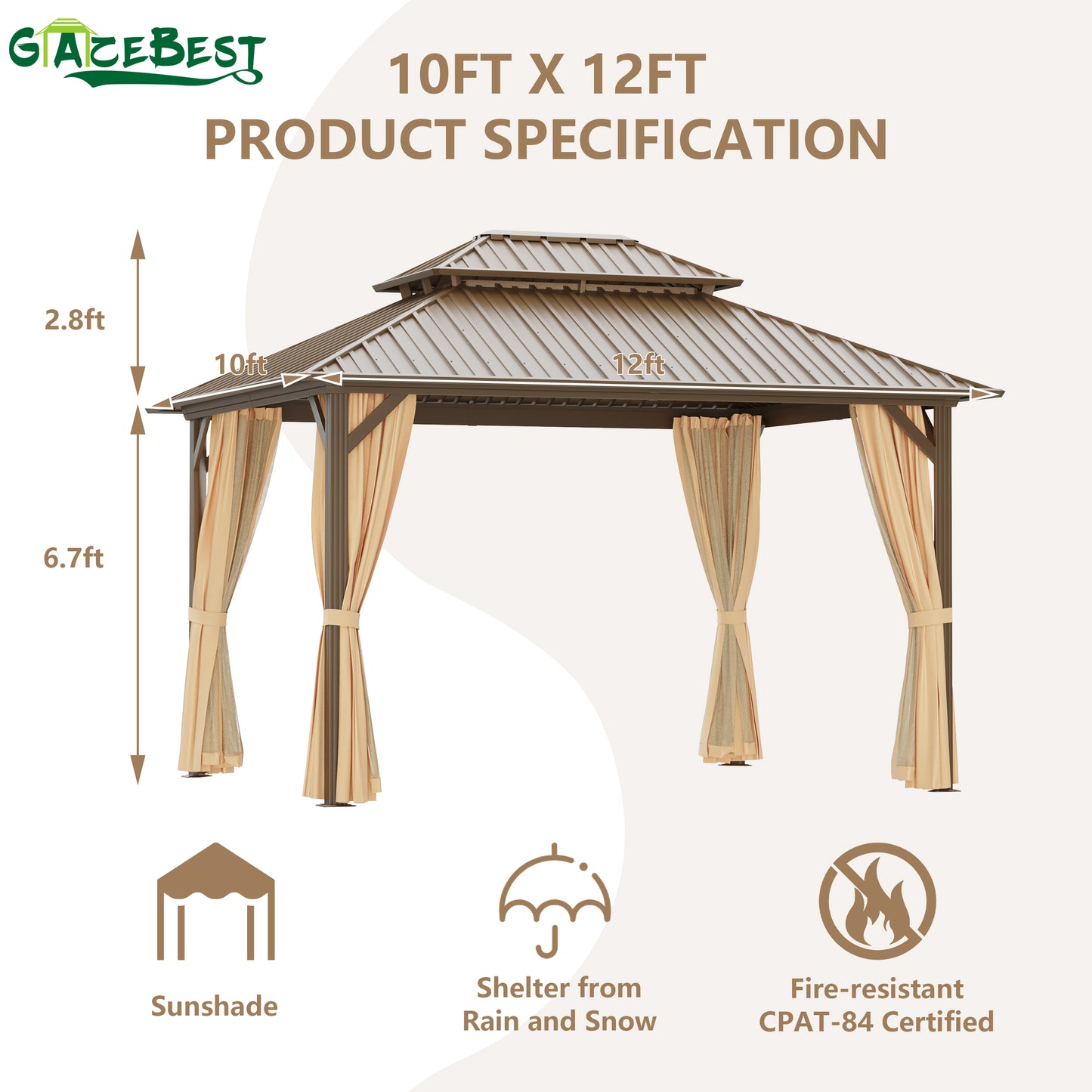 GAZEBEST 10x12 ft Hardtop Gazebo Outdoor Aluminum Patio Gazebo Double Roof Galvanized Steel Gazebo Canopy with Netting and Curtains,for Garden Patio,Patio Backyard,Deck and Lawns