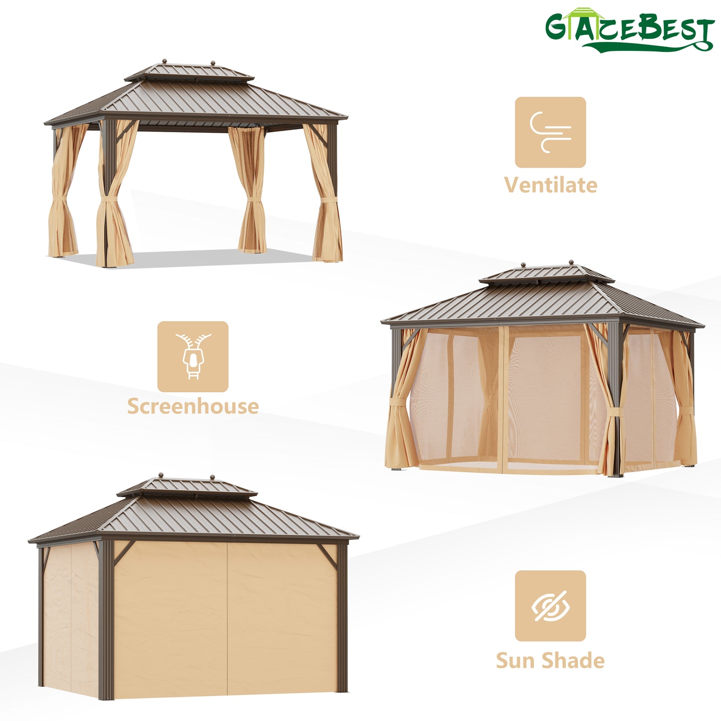 GAZEBEST 10'x12' Hardtop Gazebo Outdoor Aluminum Patio Gazebo Double Roof Galvanized Steel Gazebo Canopy with Netting and Curtains,for Garden Patio,Patio Backyard,Deck and Lawns