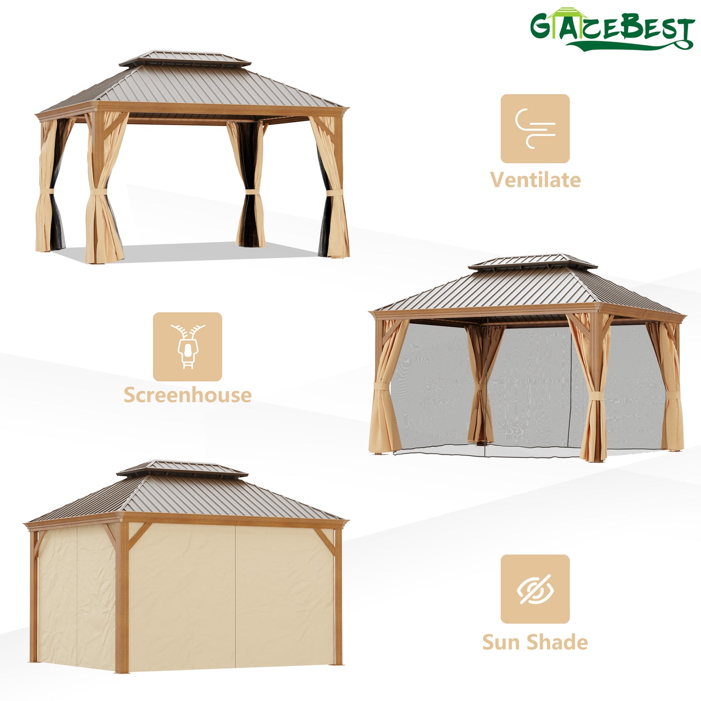 GAZEBEST 10'x12' Hardtop Gazebo Outdoor Aluminum Patio Gazebo Double Roof Galvanized Steel Gazebo Canopy Wooden Finish Coated with Netting and Curtains,for Garden Patio,Patio Backyard,Deck and Lawns