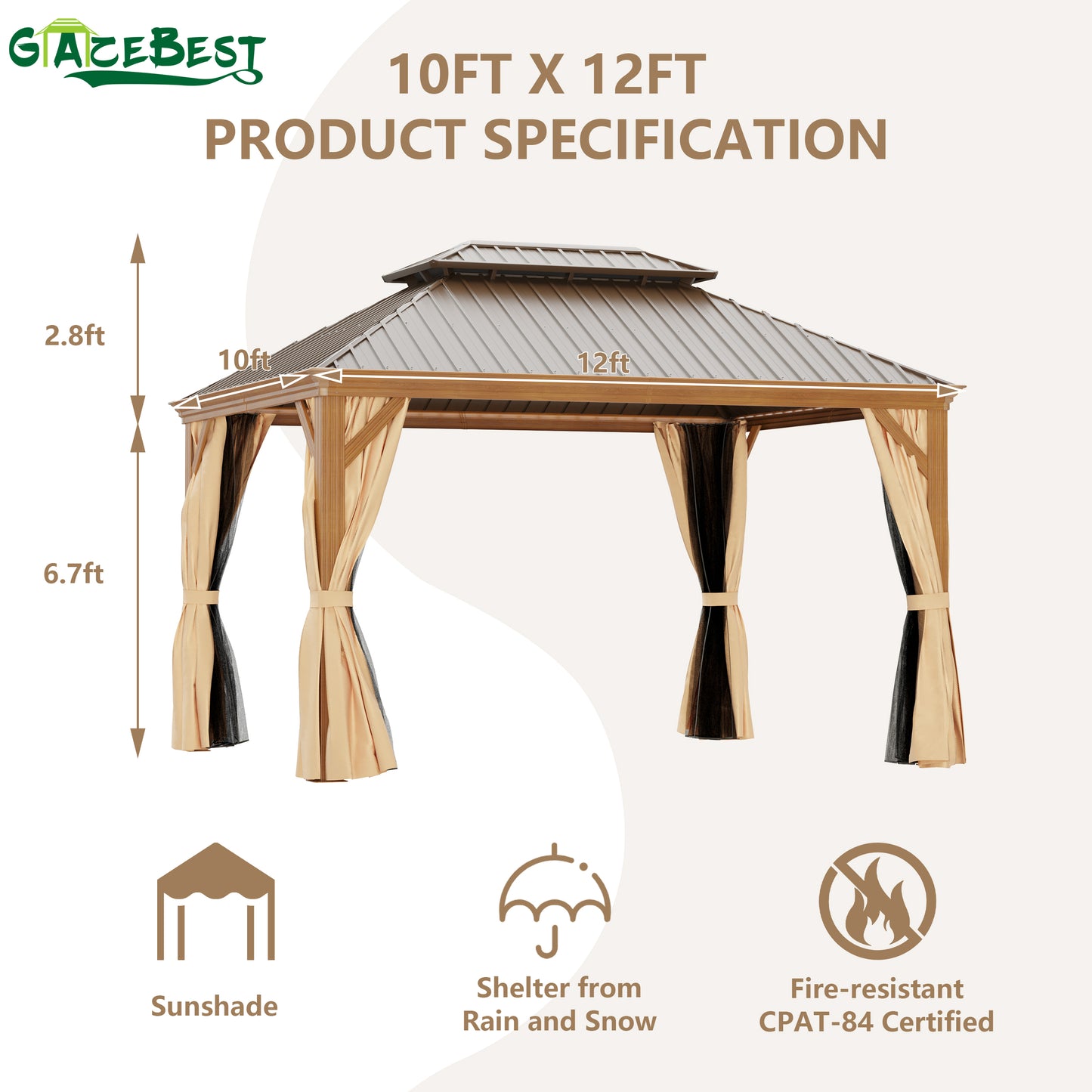 GAZEBEST 10'x12' Hardtop Gazebo Outdoor Aluminum Patio Gazebo Double Roof Galvanized Steel Gazebo Canopy Wooden Finish Coated with Netting and Curtains,for Garden Patio,Patio Backyard,Deck and Lawns