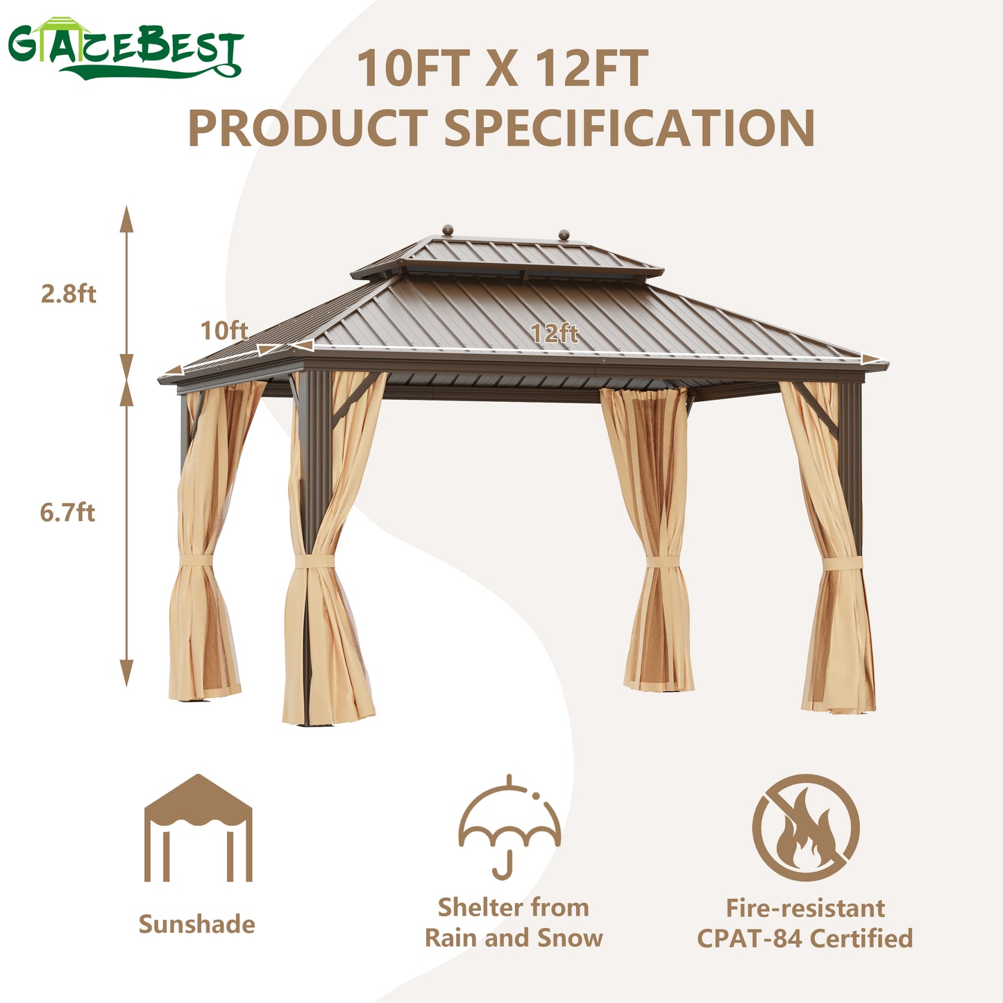 GAZEBEST 10'x12' Hardtop Gazebo Outdoor Aluminum Patio Gazebo Double Roof Galvanized Steel Gazebo Canopy with Netting and Curtains,for Garden Patio,Patio Backyard,Deck and Lawns