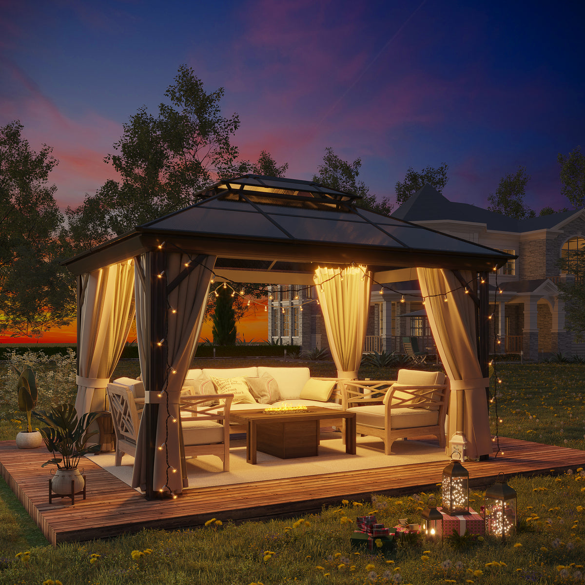 garden tent gazebo GAZEBEST 10'x13' Hardtop Outdoor Polycarbonate Double Roof Patio Gazebo Aluminum Frame Gazebo Canopy with Netting and Curtains,for Stock Sync Gravel AL High quality UV resistant Style:Tent Only Roeckl Sports Isera 2