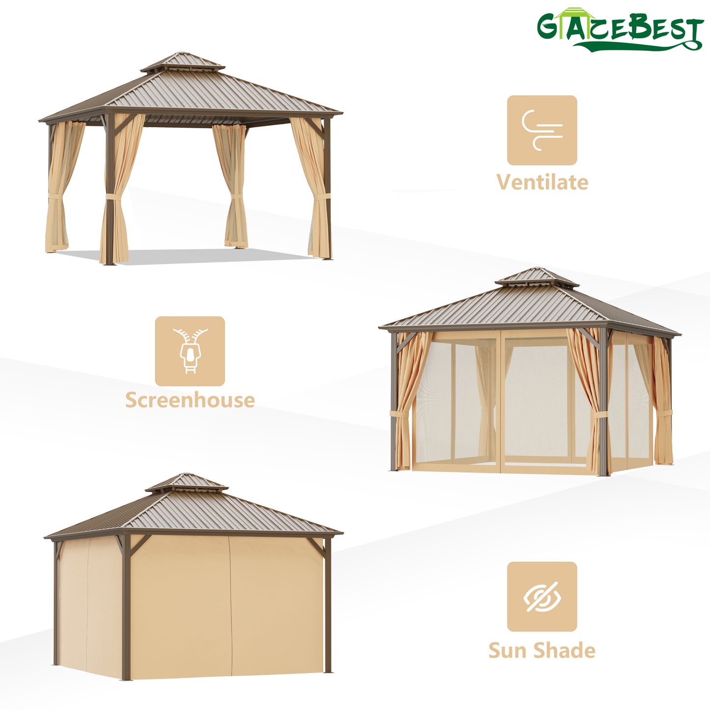 GAZEBEST 12x12 ft Hardtop Gazebo Outdoor Aluminum Patio Gazebo Double Roof Galvanized Steel Gazebo Canopy with Netting and Curtains,for Garden Patio,Patio Backyard,Deck and Lawns