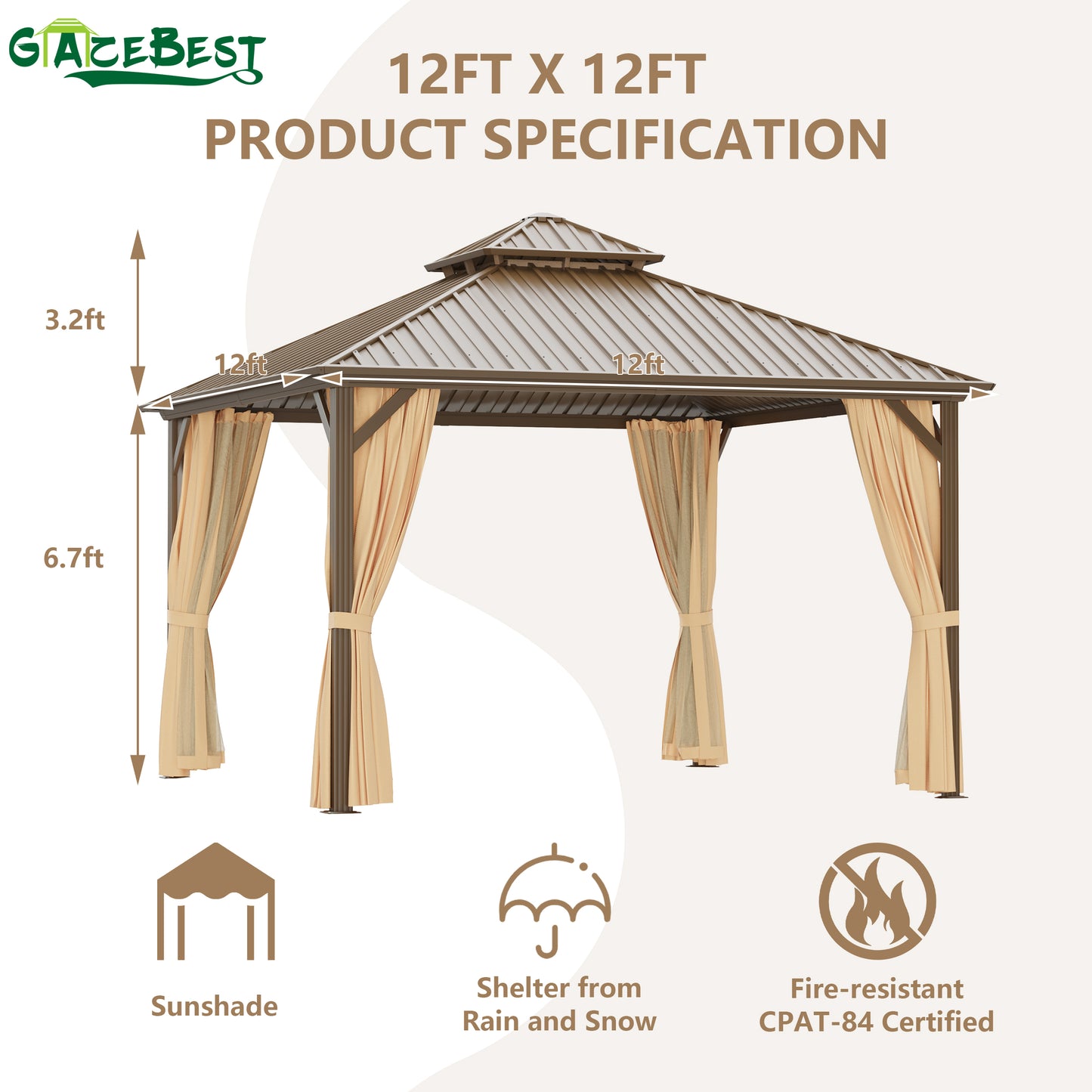 GAZEBEST 12x12 ft Hardtop Gazebo Outdoor Aluminum Patio Gazebo Double Roof Galvanized Steel Gazebo Canopy with Netting and Curtains,for Garden Patio,Patio Backyard,Deck and Lawns