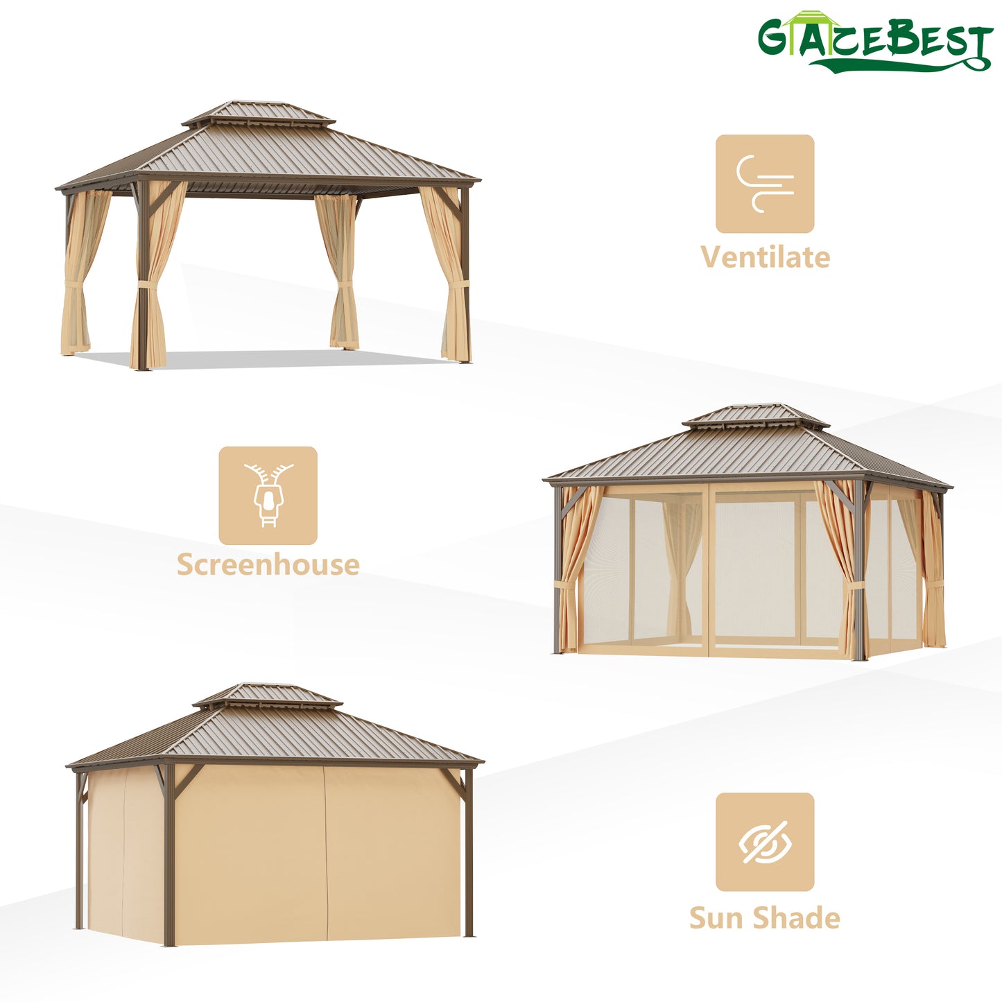 GAZEBEST 12x14 ft Hardtop Gazebo Outdoor Aluminum Patio Gazebo Double Roof Galvanized Steel Gazebo Canopy with Netting and Curtains,for Garden Patio,Patio Backyard,Deck and Lawns