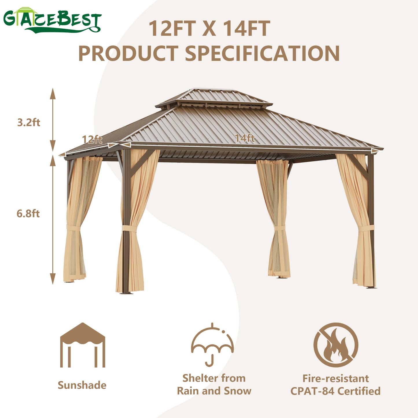 GAZEBEST 12x14 ft Hardtop Gazebo Outdoor Aluminum Patio Gazebo Double Roof Galvanized Steel Gazebo Canopy with Netting and Curtains,for Garden Patio,Patio Backyard,Deck and Lawns