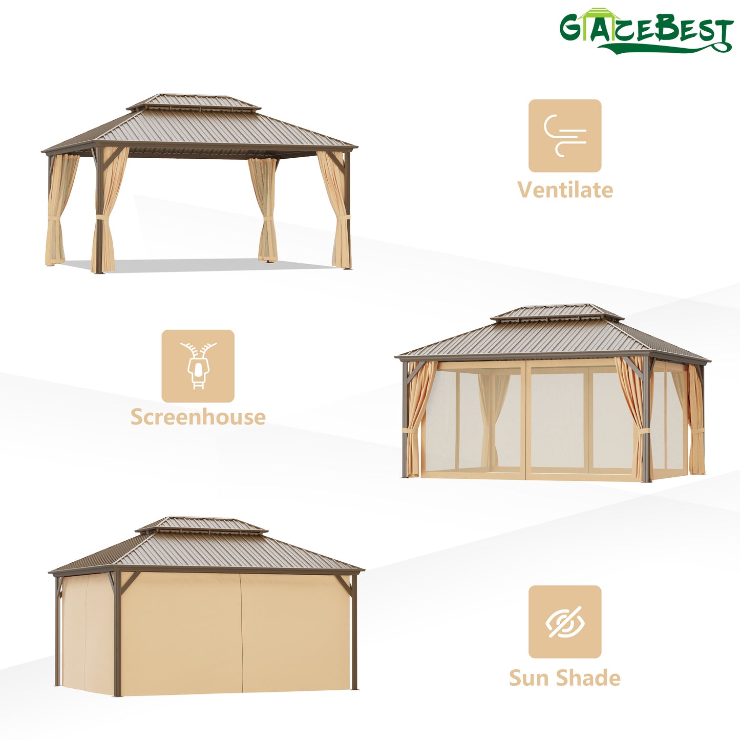 GAZEBEST 12x16 ft Hardtop Gazebo Outdoor Aluminum Patio Gazebo Double Roof Galvanized Steel Gazebo Canopy with Netting and Curtains,for Garden Patio,Patio Backyard,Deck and Lawns