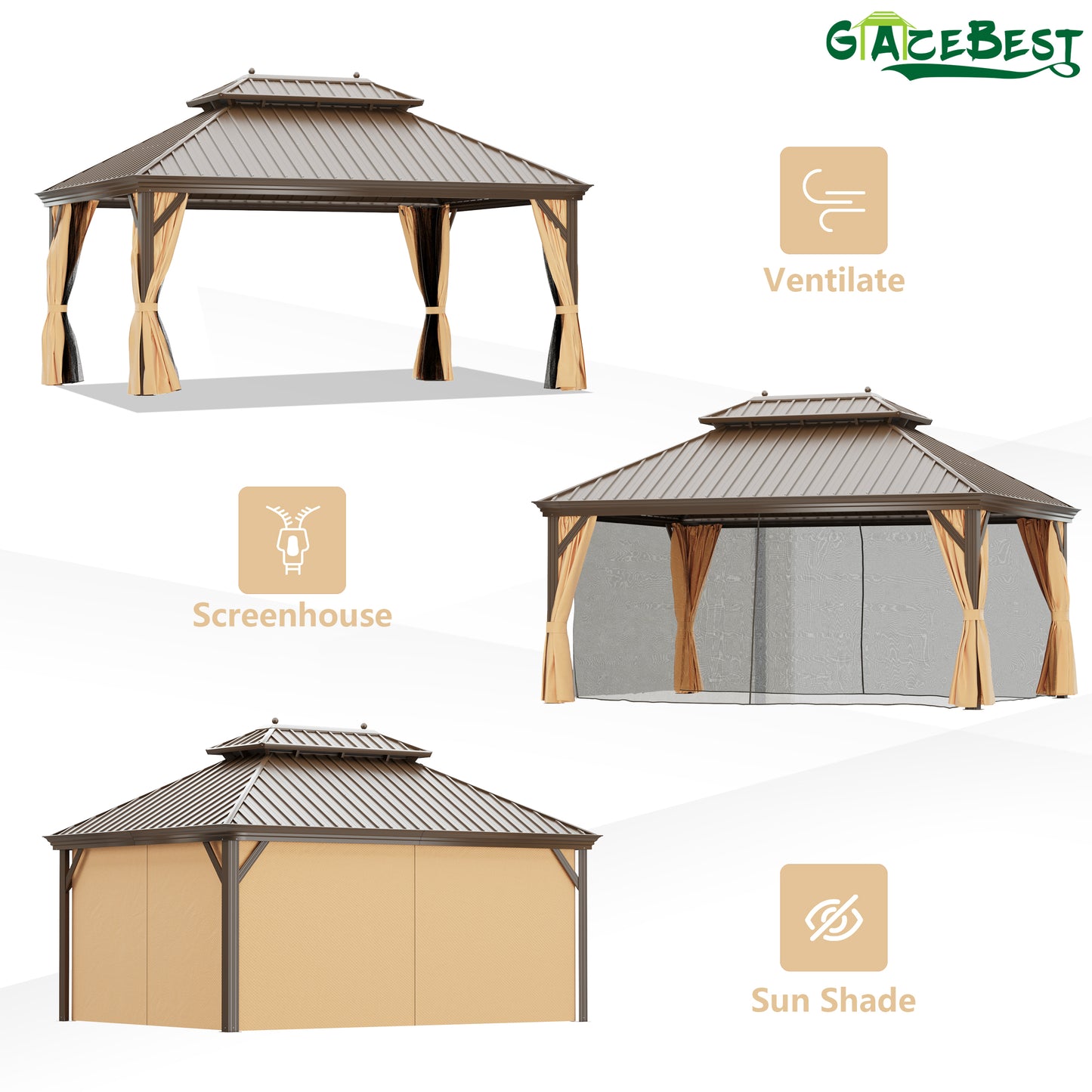 GAZEBEST 12'x16' Hardtop Gazebo Outdoor Aluminum Patio Gazebo Double Roof Galvanized Steel Gazebo Canopy with Netting and Curtains,for Garden Patio,Patio Backyard,Deck and Lawns