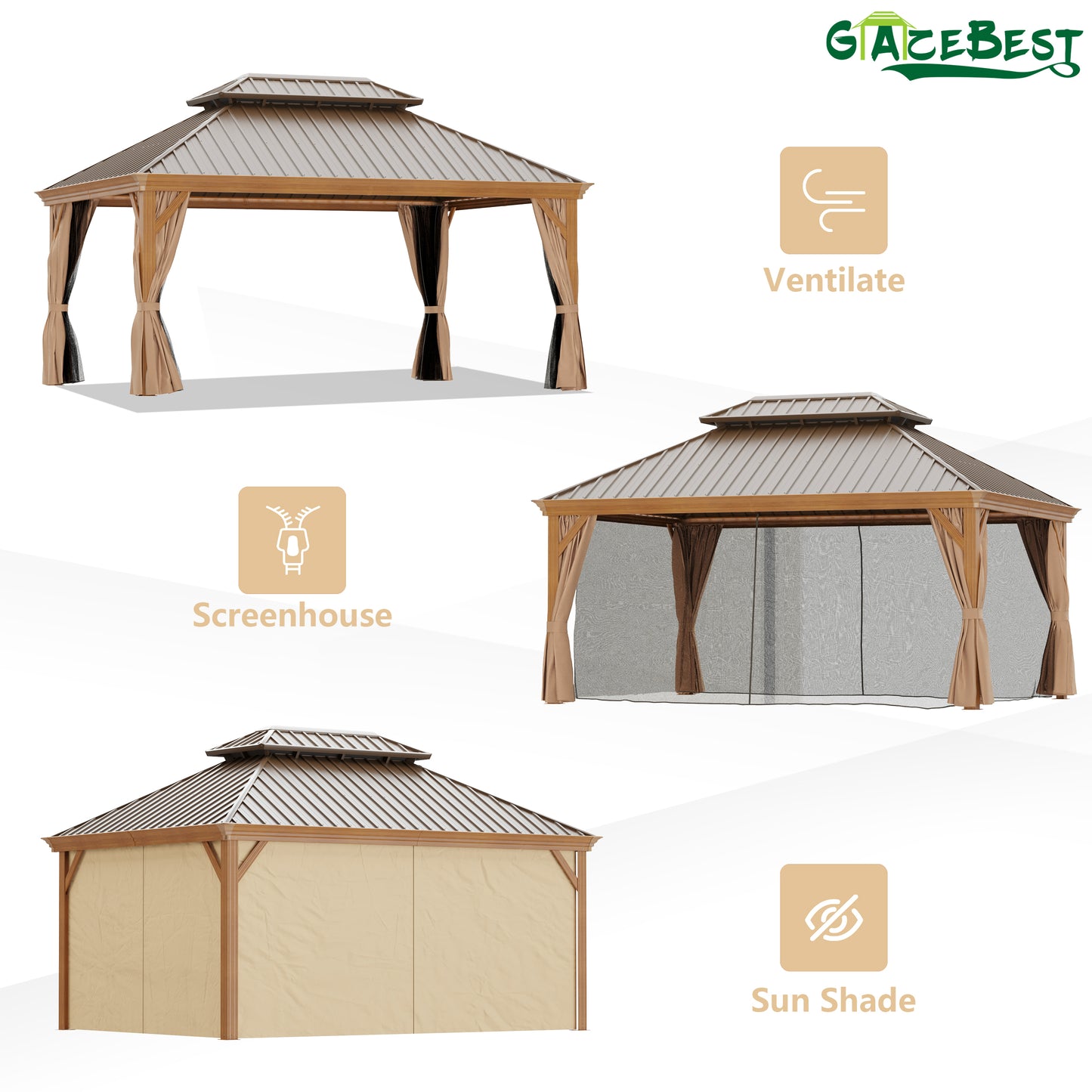 GAZEBEST 12'x16' Hardtop Gazebo Outdoor Aluminum Patio Gazebo Double Roof Galvanized Steel Gazebo Canopy Wooden Finish Coated with Netting and Curtains,for Garden Patio,Patio Backyard,Deck and Lawns