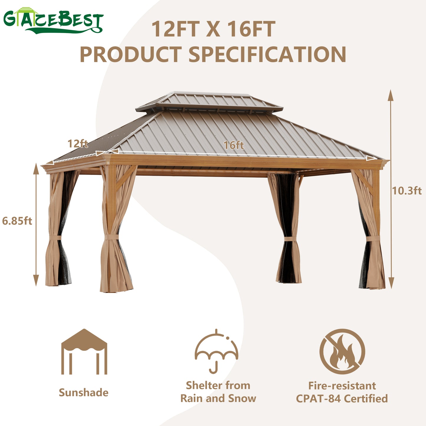 GAZEBEST 12'x16' Hardtop Gazebo Outdoor Aluminum Patio Gazebo Double Roof Galvanized Steel Gazebo Canopy Wooden Finish Coated with Netting and Curtains,for Garden Patio,Patio Backyard,Deck and Lawns