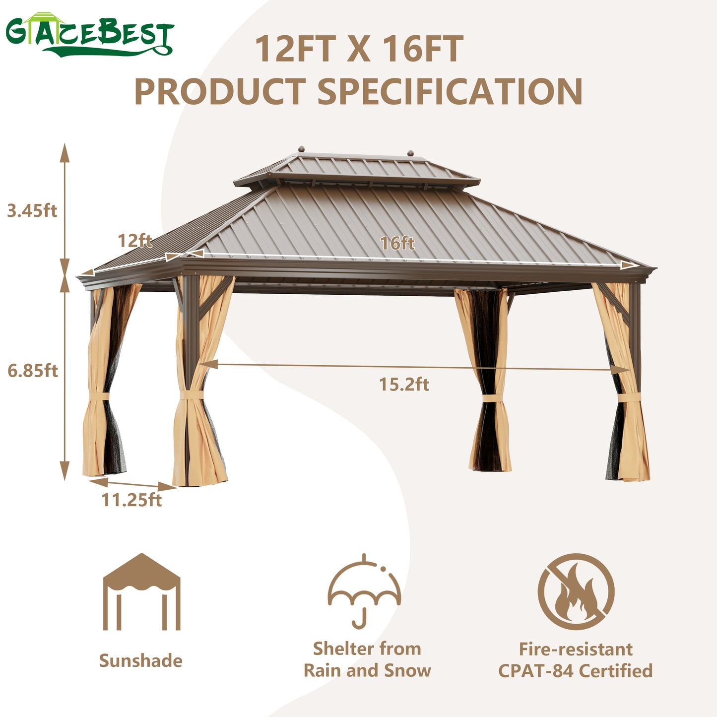 GAZEBEST 12'x16' Hardtop Gazebo Outdoor Aluminum Patio Gazebo Double Roof Galvanized Steel Gazebo Canopy with Netting and Curtains,for Garden Patio,Patio Backyard,Deck and Lawns