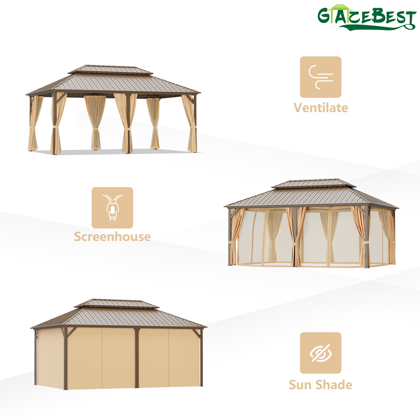 GAZEBEST 12x18 ft Hardtop Gazebo Outdoor Aluminum Patio Gazebo Double Roof Galvanized Steel Gazebo Canopy with Netting and Curtains,for Garden Patio,Patio Backyard,Deck and Lawns