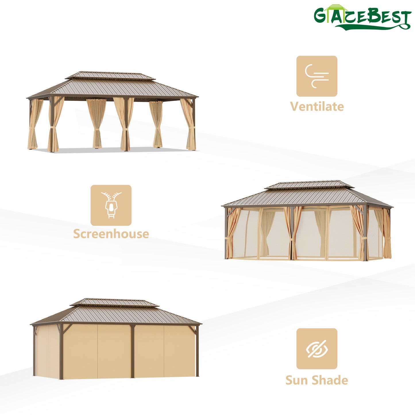 GAZEBEST 12x20 ft Hardtop Gazebo Outdoor Aluminum Patio Gazebo Double Roof Galvanized Steel Gazebo Canopy with Netting and Curtains,for Garden Patio,Patio Backyard,Deck and Lawns