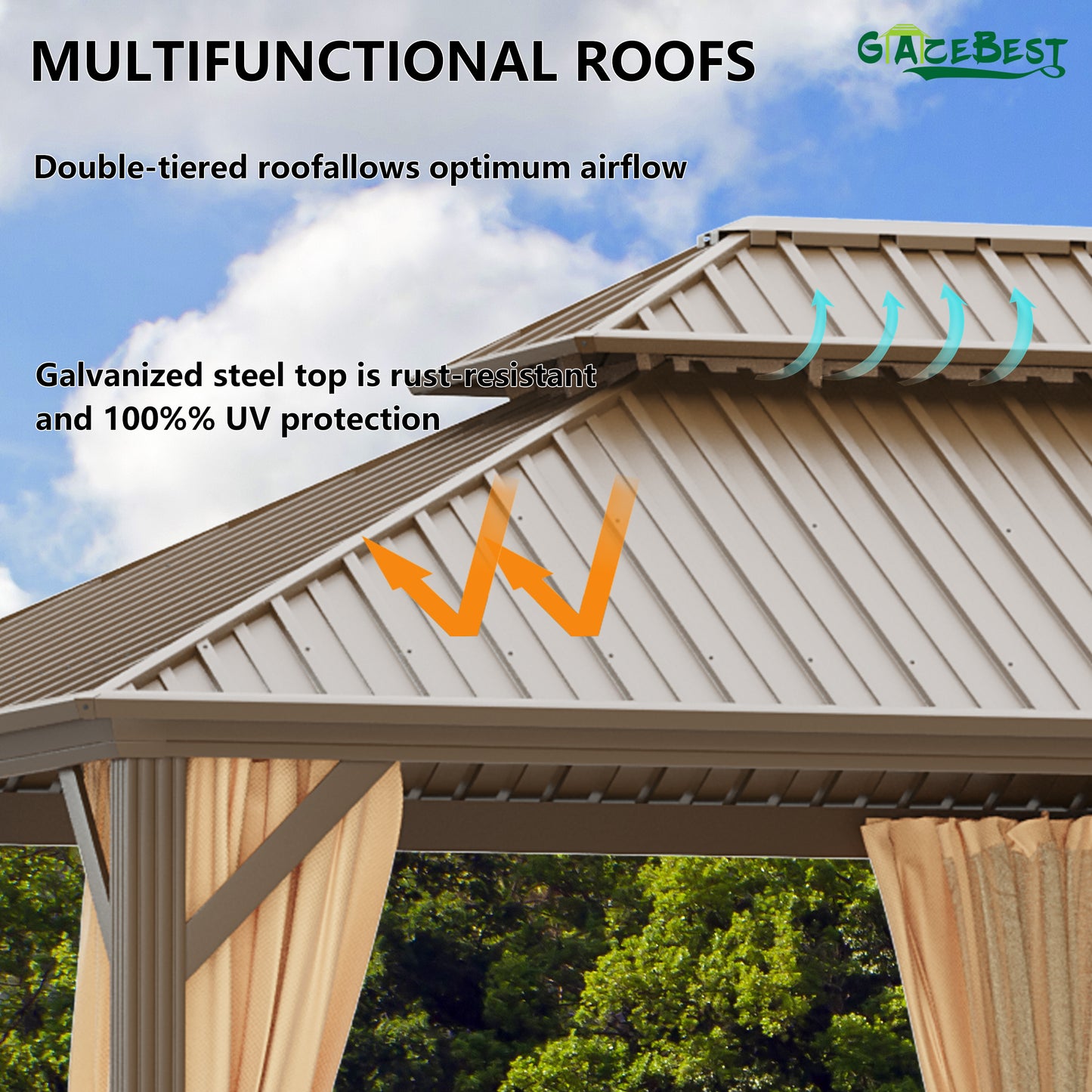 GAZEBEST 12x20 ft Hardtop Gazebo Outdoor Aluminum Patio Gazebo Double Roof Galvanized Steel Gazebo Canopy with Netting and Curtains,for Garden Patio,Patio Backyard,Deck and Lawns