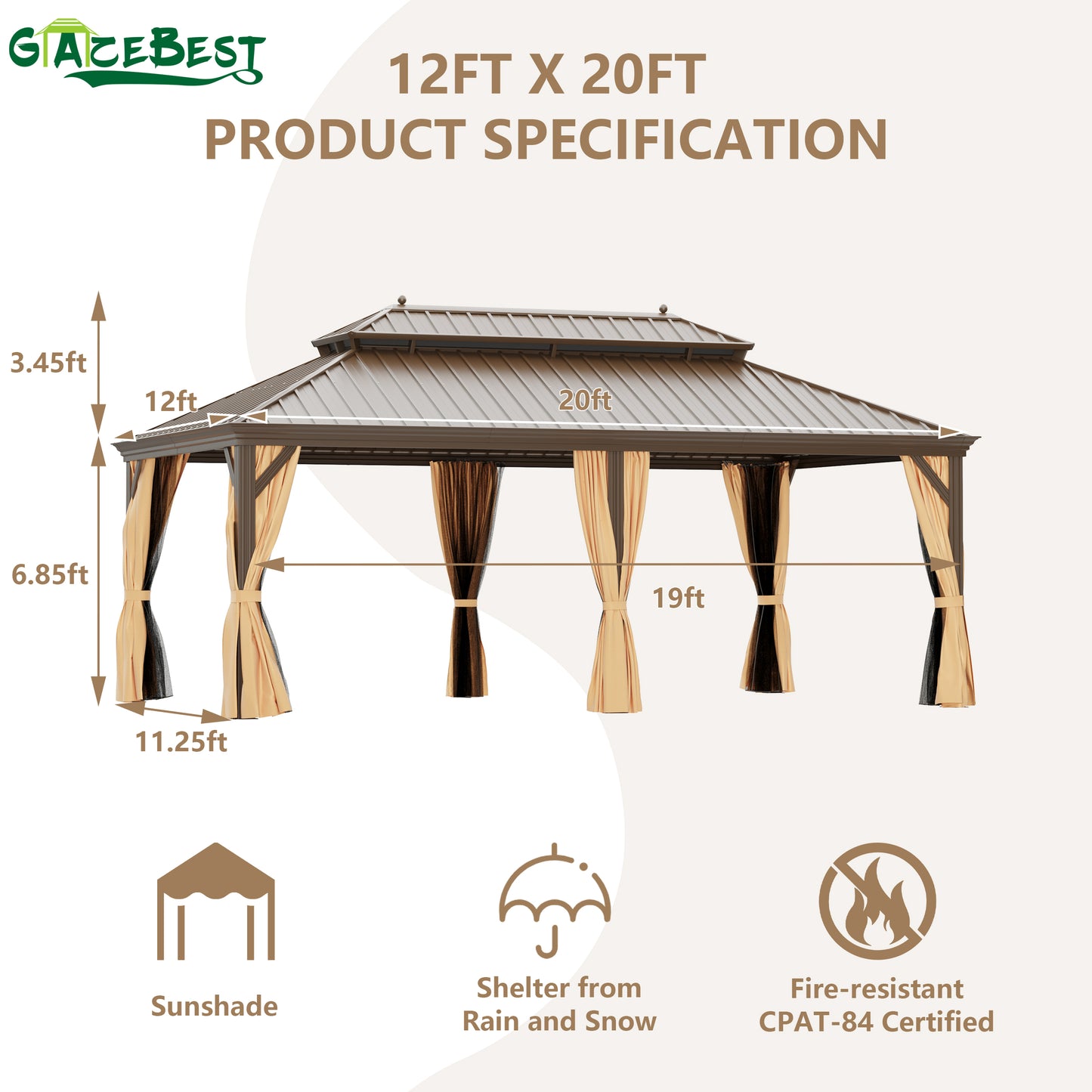 GAZEBEST 12'x20' Hardtop Gazebo Outdoor Aluminum Patio Gazebo Double Roof Galvanized Steel Gazebo Canopy with Netting and Curtains,for Garden Patio,Patio Backyard,Deck and Lawns