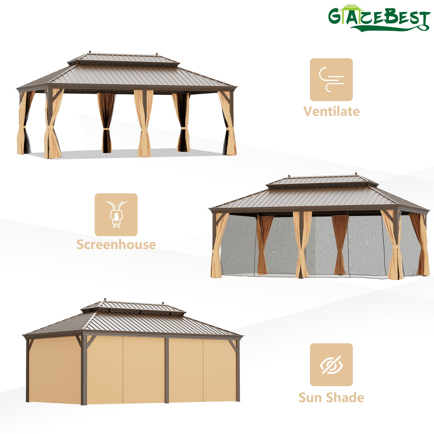 GAZEBEST 12'x20' Hardtop Gazebo Outdoor Aluminum Patio Gazebo Double Roof Galvanized Steel Gazebo Canopy with Netting and Curtains,for Garden Patio,Patio Backyard,Deck and Lawns