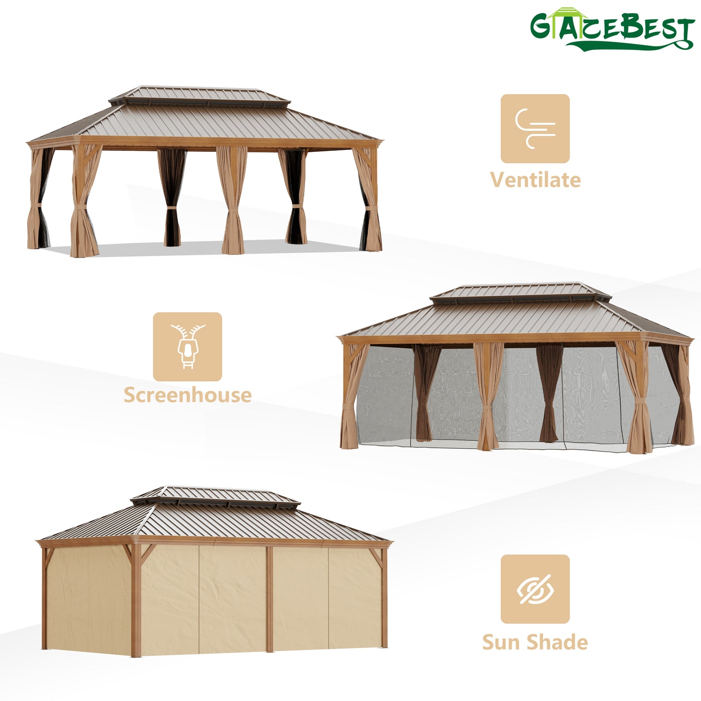 GAZEBEST 12' X 22' Permanent Hardtop Gazebo, Outdoor Galvanized Steel Double Roof Pavilion Pergola Canopy Wood-Looking with Aluminum Frame and Privacy Curtains for Garden,Patio