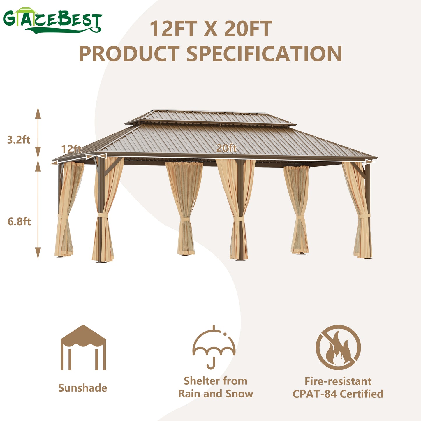 GAZEBEST 12x20 ft Hardtop Gazebo Outdoor Aluminum Patio Gazebo Double Roof Galvanized Steel Gazebo Canopy with Netting and Curtains,for Garden Patio,Patio Backyard,Deck and Lawns