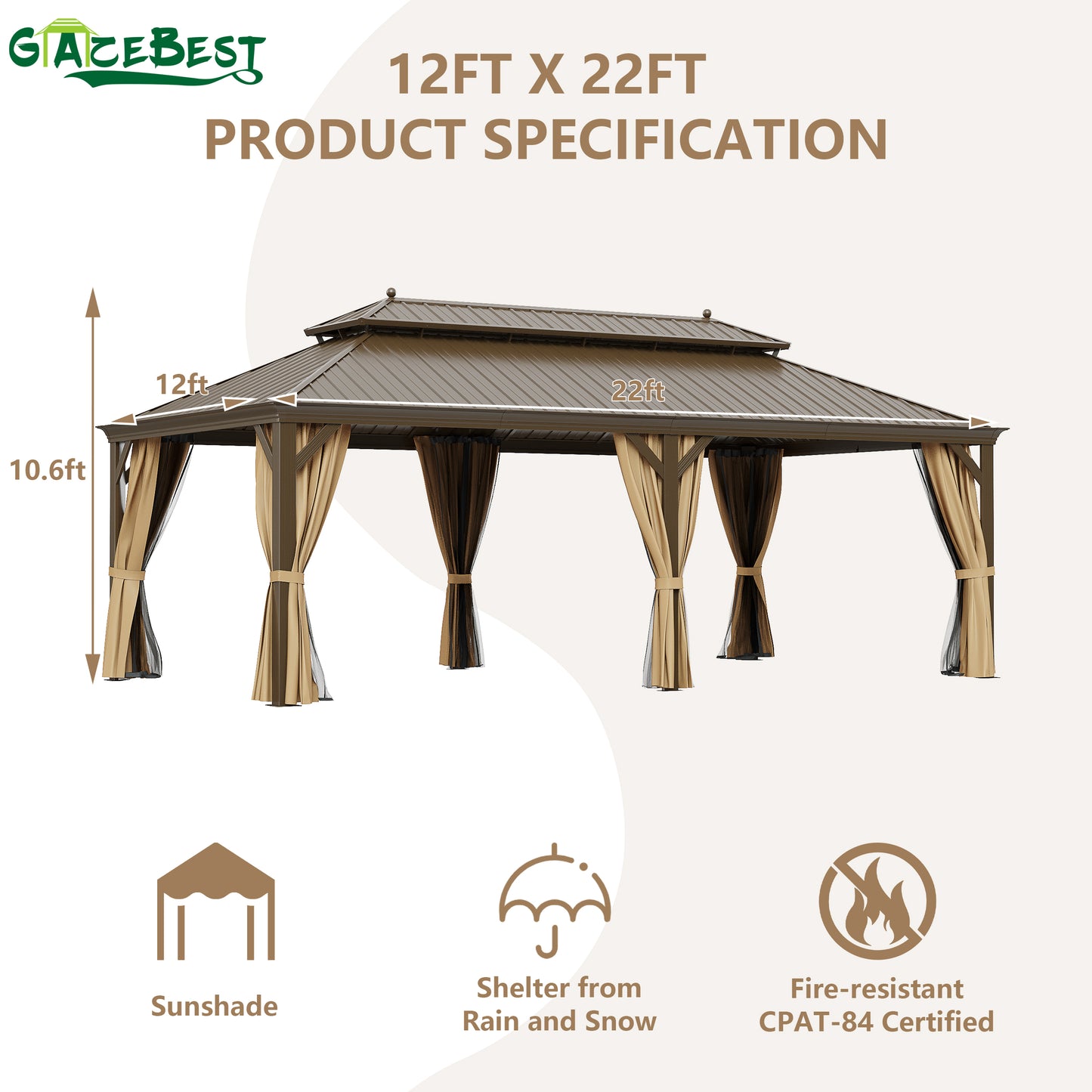 GAZEBEST 12' X 22' Permanent Hardtop Gazebo, Outdoor Galvanized Steel Double Roof Pavilion Pergola Canopy with Aluminum Frame and Privacy Curtains for Garden Patio,Patio Backyard,Deck and Lawns