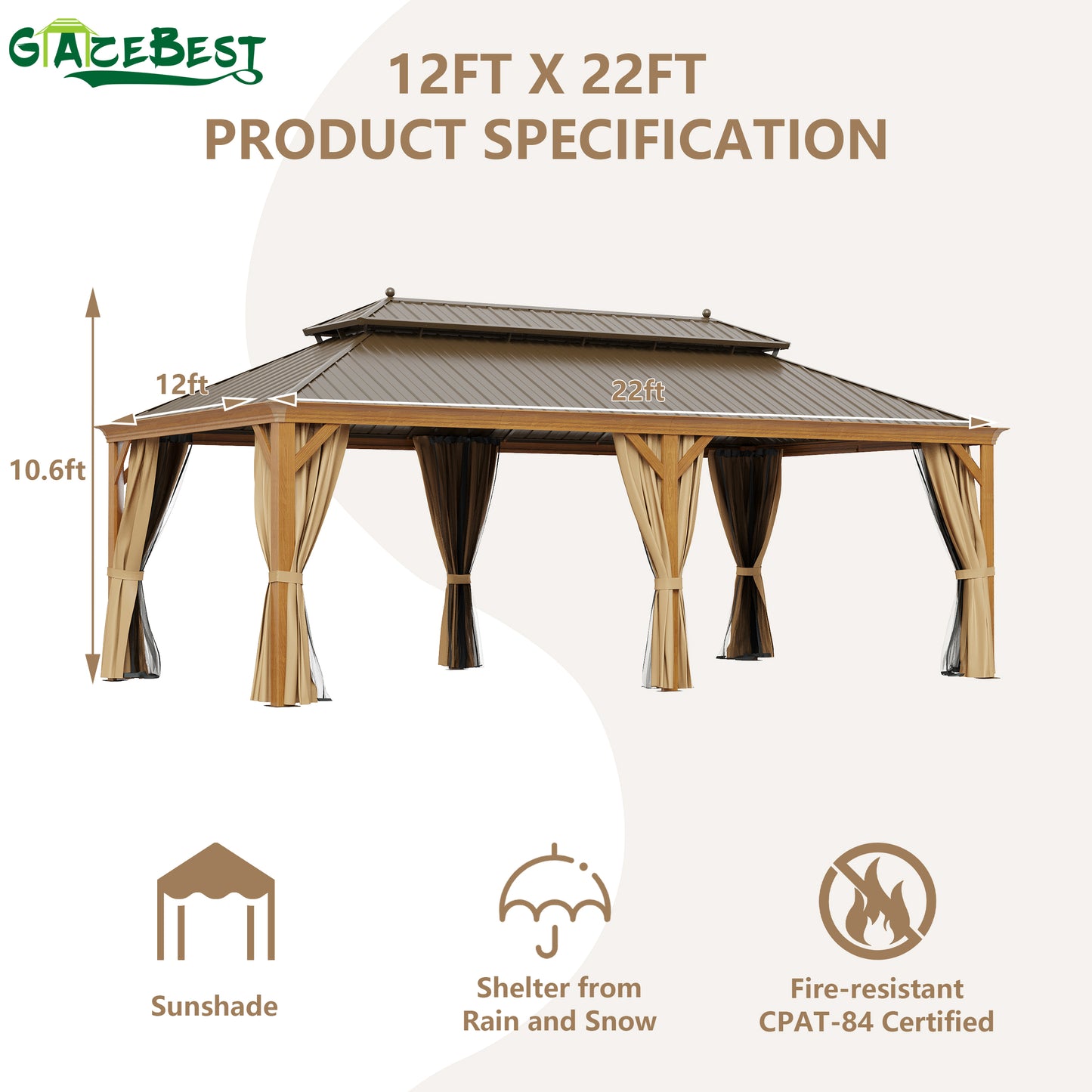 GAZEBEST 12' X 22' Permanent Hardtop Gazebo, Outdoor Galvanized Steel Double Roof Pavilion Pergola Canopy Wood-Looking with Aluminum Frame and Privacy Curtains for Garden,Patio