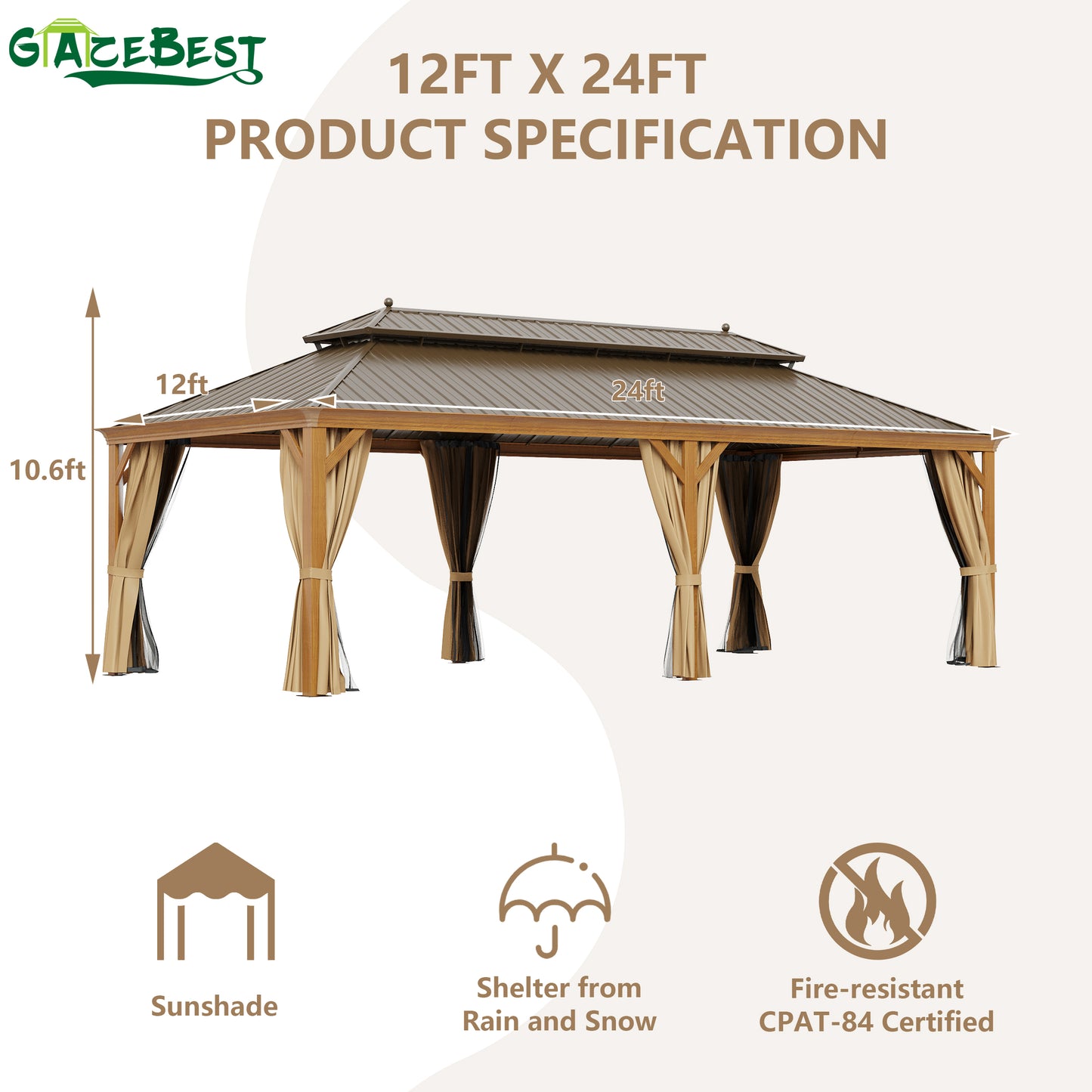 GAZEBEST 12' X 24' Permanent Hardtop Gazebo, Outdoor Galvanized Steel Double Roof Pavilion Pergola Canopy Wood-Looking with Aluminum Frame and Privacy Curtains for Garden,Patio