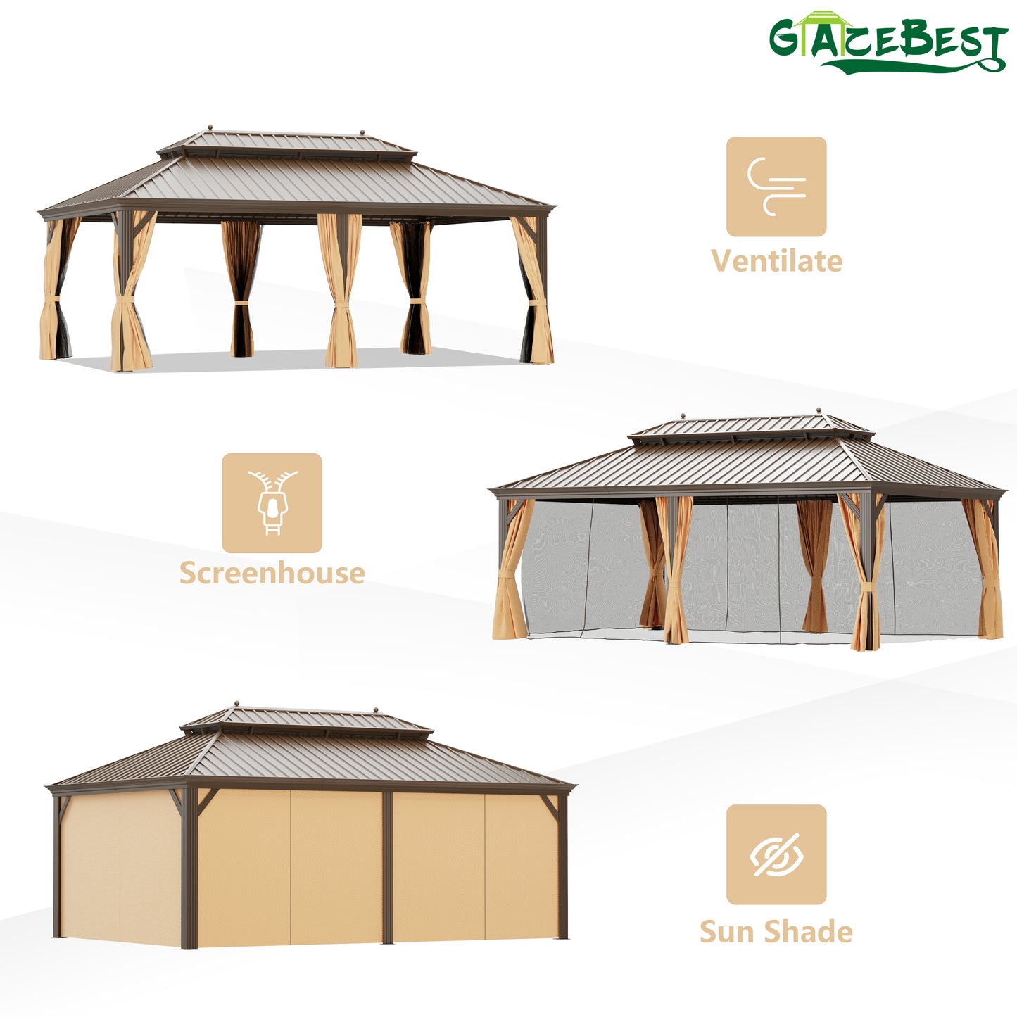 GAZEBEST 14' X 20' Permanent Hardtop Gazebo, Outdoor Galvanized Steel Double Roof Pavilion Pergola Canopy with Aluminum Frame and Privacy Curtains for Patio, Garden, Backyard, Lawn