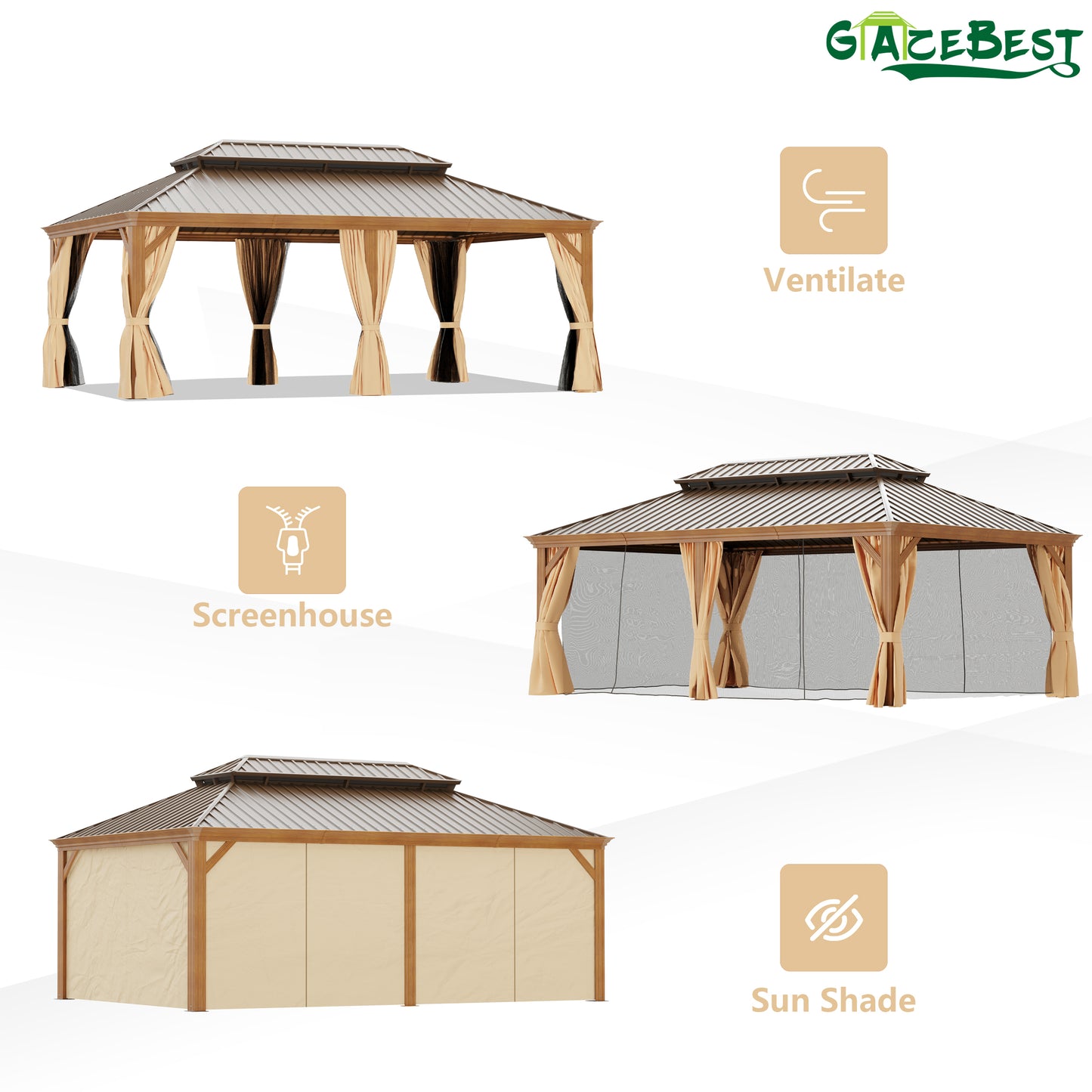 GAZEBEST 14' X 20' Permanent Hardtop Gazebo, Outdoor Galvanized Steel Double Roof Pavilion Canopy with Wood-Grain Coated Aluminum Frame and Privacy Curtains for Patio, Garden, Backyard, Lawn