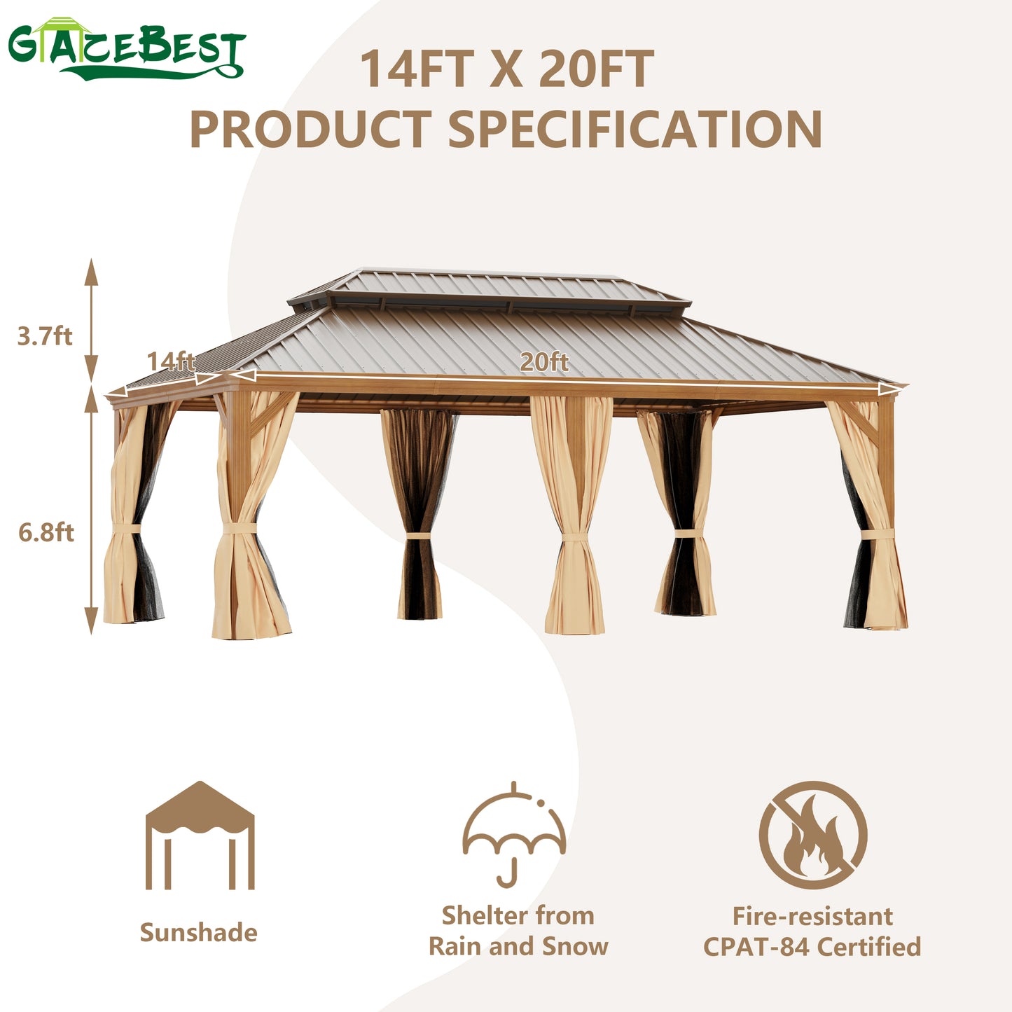 GAZEBEST 14' X 20' Permanent Hardtop Gazebo, Outdoor Galvanized Steel Double Roof Pavilion Canopy with Wood-Grain Coated Aluminum Frame and Privacy Curtains for Patio, Garden, Backyard, Lawn