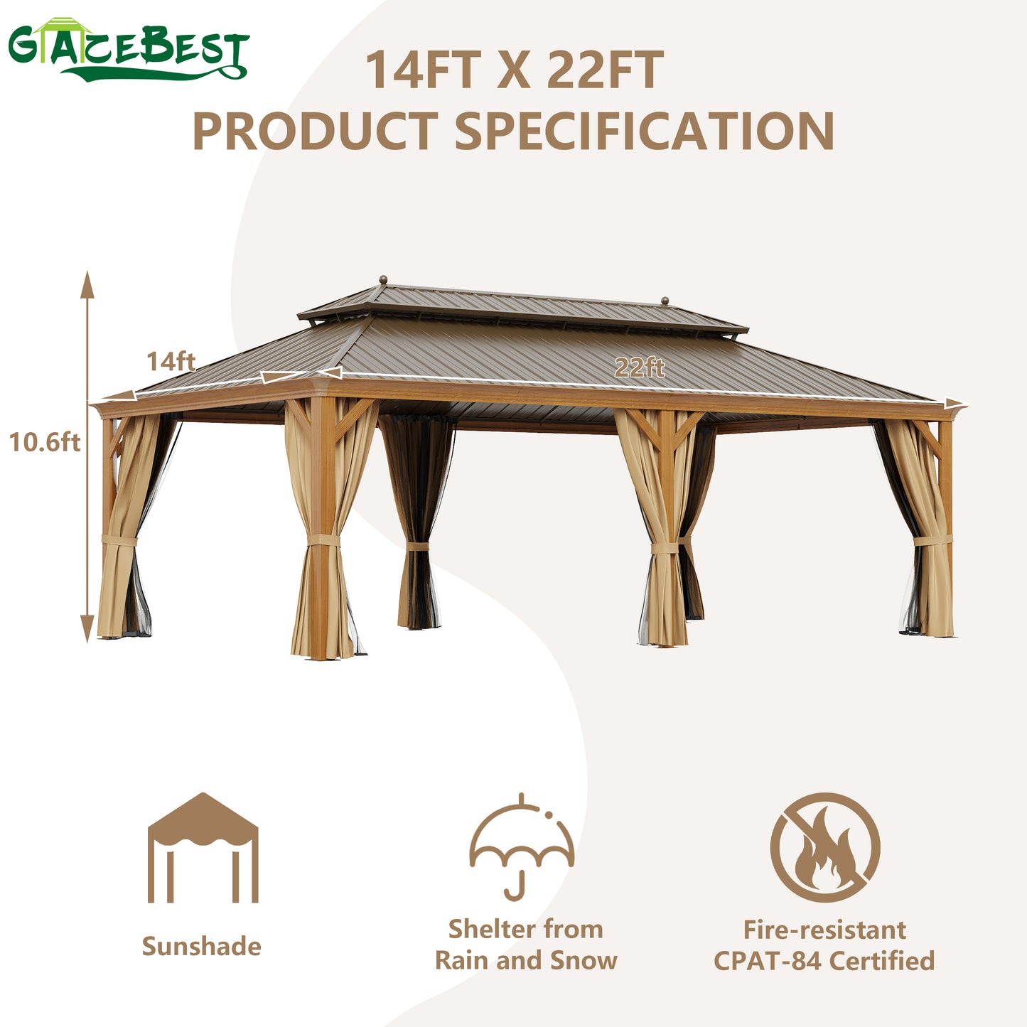 GAZEBEST 14' X 22' Permanent Hardtop Gazebo, Outdoor Galvanized Steel Double Roof Pavilion Pergola Canopy Wood-Looking with Aluminum Frame and Privacy Curtains for Garden,Patio