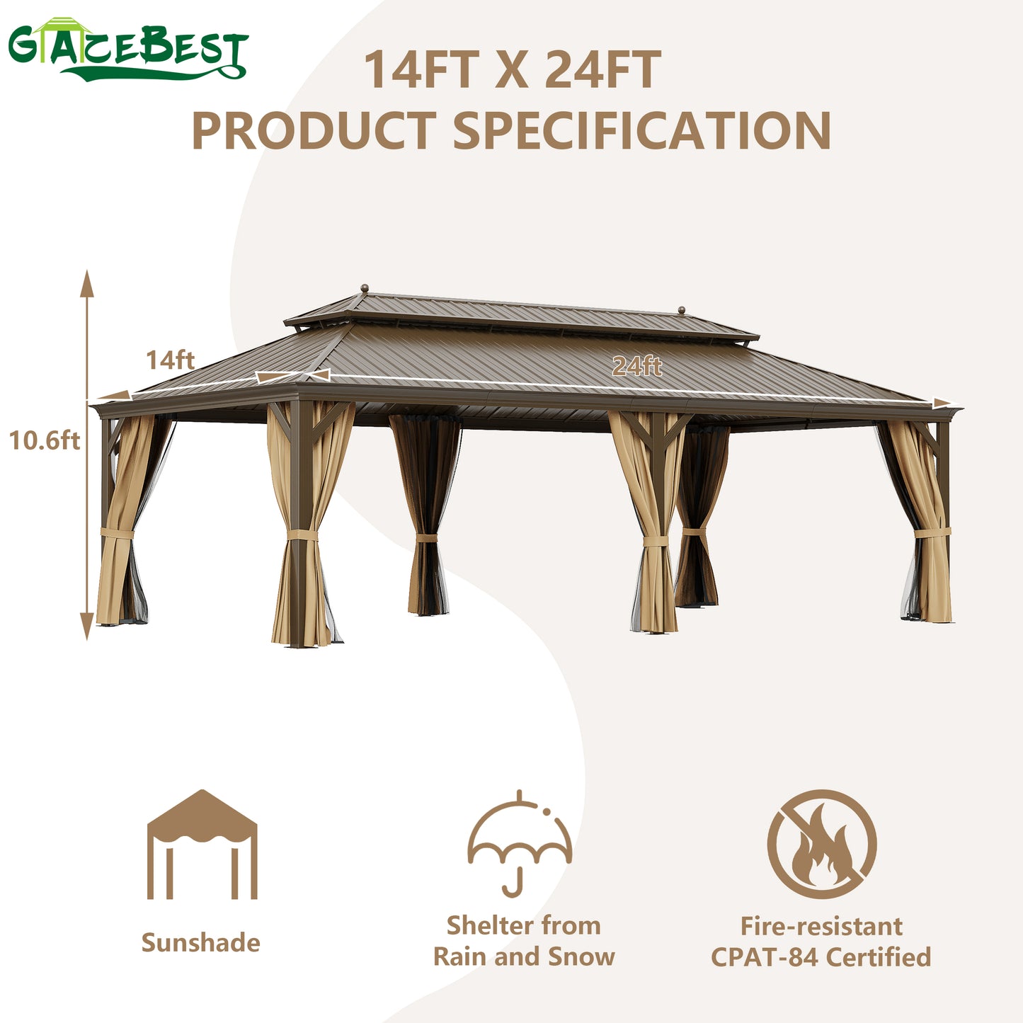 GAZEBEST 14' X 24' Permanent Hardtop Gazebo, Outdoor Galvanized Steel Double Roof Pavilion Pergola Canopy with Aluminum Frame and Privacy Curtains for Garden Patio,Patio Backyard,Deck and Lawns