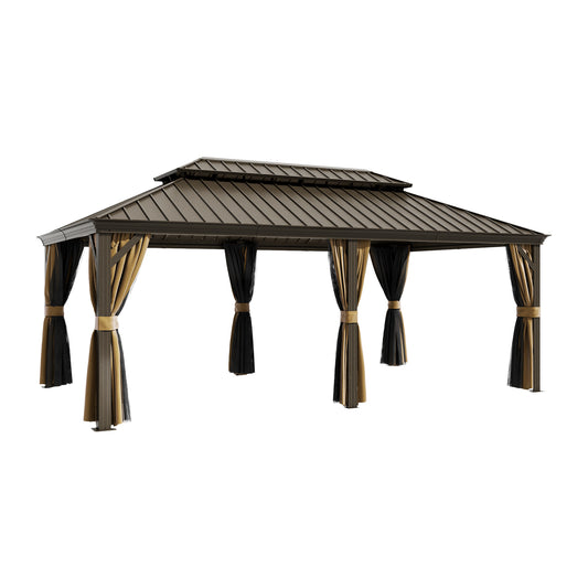 14 ft. x 20 ft. Double Galvanized Steel Roof  Aluminum Frame Outdoor Patio Hardtop Gazebo with Netting and Curtains